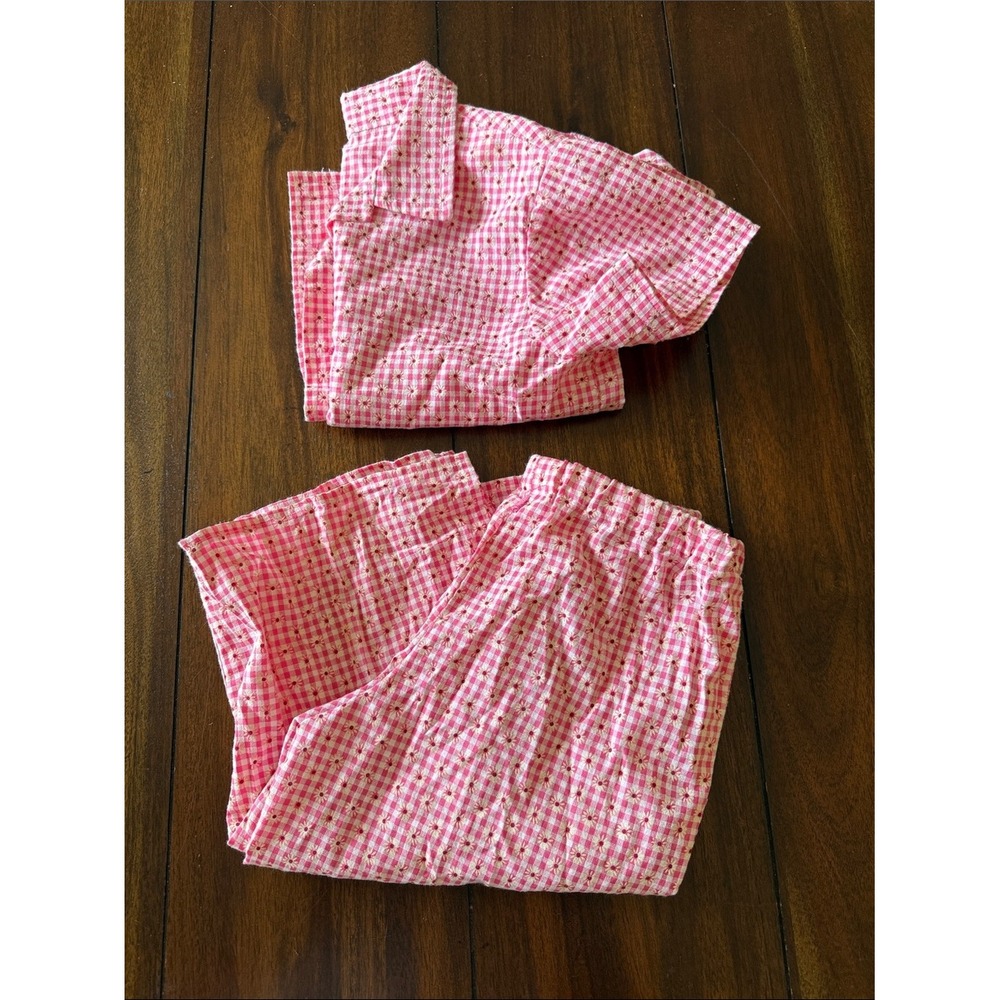Pink Gingham Daisy Matching Set Short Sleeve Button Top‎ Wide Leg Pants